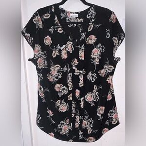 Croft & Barrow 1X Plus Floral V-Neck Short Sleeve Blouse Black Pink Beige Women